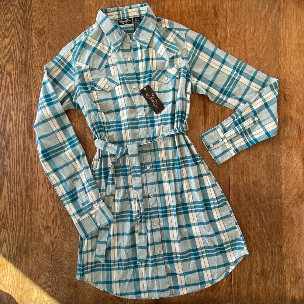 New Wrangler Teal and White Plaid Long Sleeve Dress Snap Buttons - Picture 2 of 12